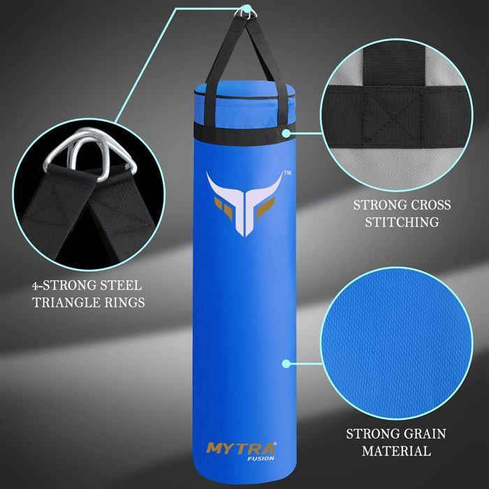 Leerer 122-cm-Boxsack – Mytra Fusion – Verstärkter, ungefüllter Boxsack – Muay Thai Kampfsport – BLAU