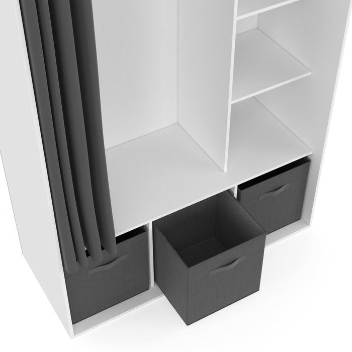 IDMARKET DIANE wardrobe 105 x 45 x 167 cm white with shelves + storage boxes + grey curtain