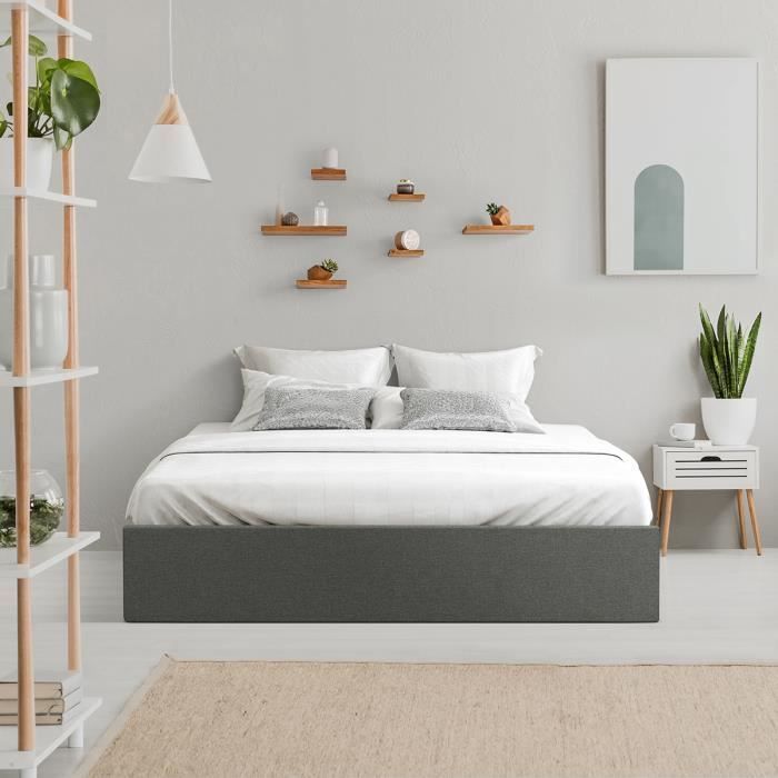 Cama adulta ECLIPSE + espacio de almacenamiento diurno - Tela gris oscuro - 160 x 200 cm