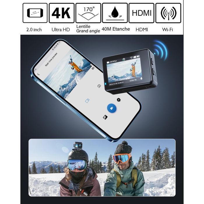 Cámara deportiva WiFi 4K 60fps 24MP - Resistente al agua hasta 40M con estabilización, ideal para viajes y deportes.