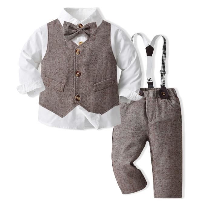 Conjunto de ropa de algodón de 3 piezas para bebé niño, de 9 meses a 10 años, para bodas y ceremonias - Marrón