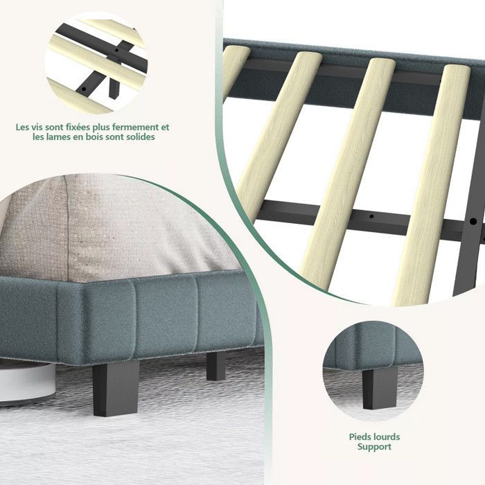 Cama doble tapizada de 140x200cm con somier de láminas, estructura de cama moderna para 2 adultos, cabecero ajustable.