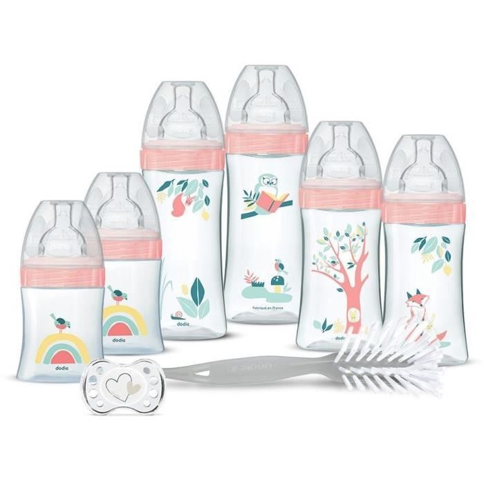 Kit de inicio para recién nacidos Dodie: 6 biberones anticólicos con tetinas planas, 1 chupete anatómico (0-2 meses), 1 cepillo para biberones - Sin BPA - Rosa