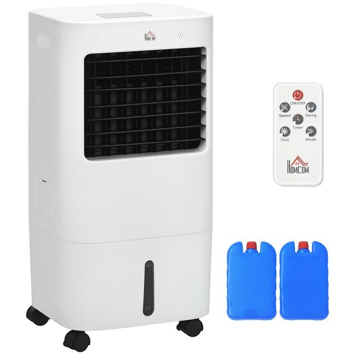 Enfriador de aire - HOMCOM - Enfriador de aire evaporativo portátil 3 en 1 con oscilación, 3 velocidades, control remoto y temporizador de 8 horas - Blanco