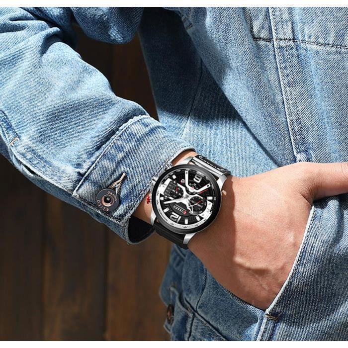 LINGYUE Luxury Men's Watch with Leather Strap and Chronograph Sports Watch - Men's Watch - Silver