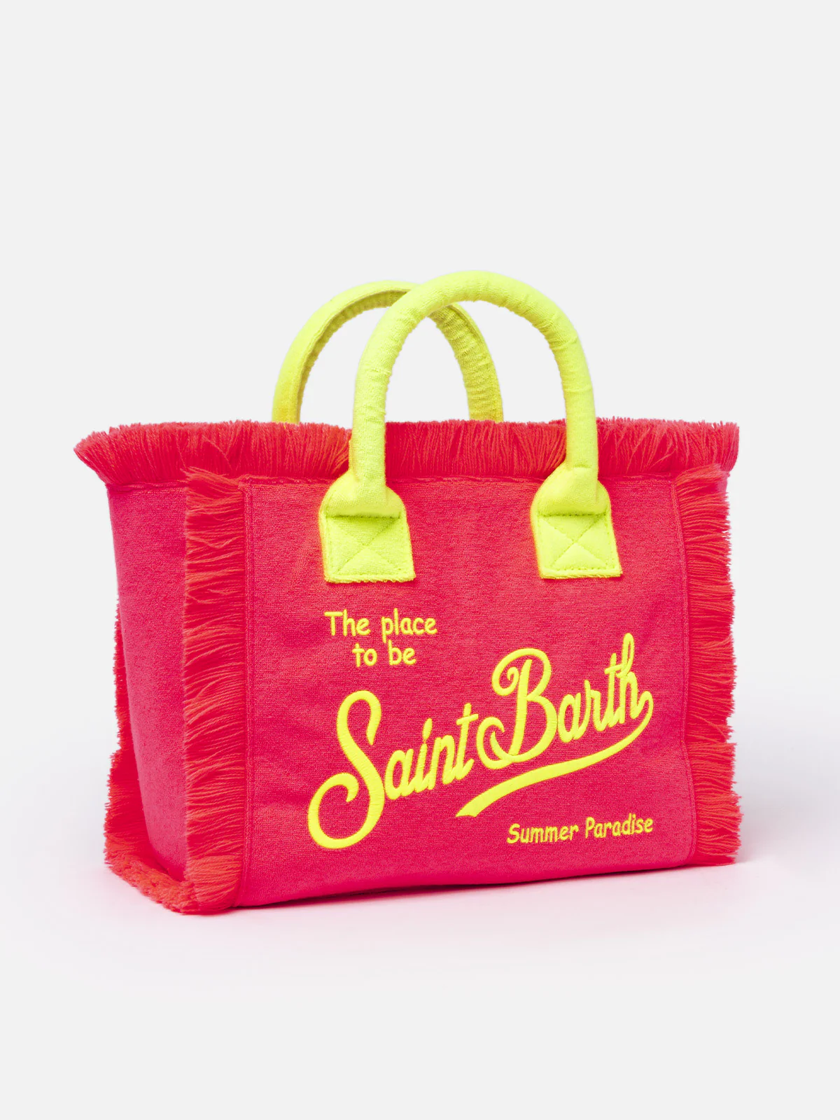 Colette Fuchsia Terry Handtas met Franjes | Geel Saint Barth Logo | Binnenflap met Metalen Rits | Binnenvak met Rits | 100% Katoen | MC2 Saint Barth