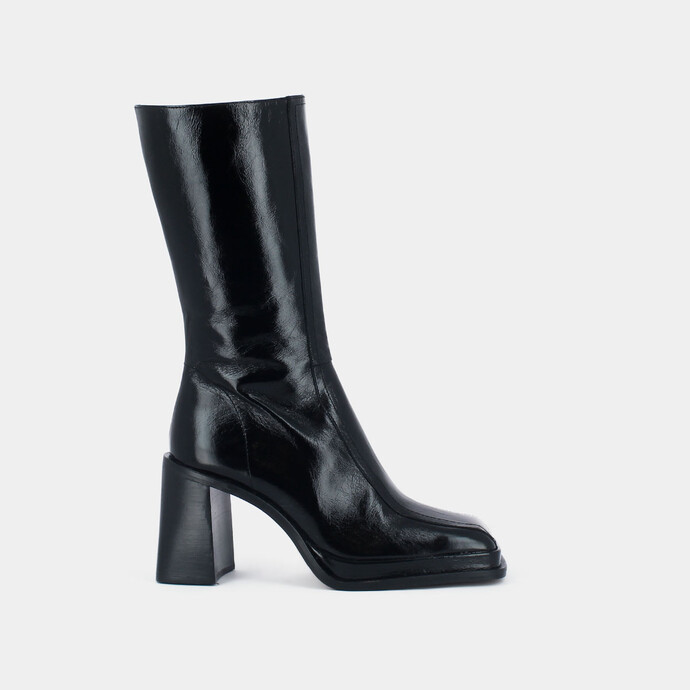 Bottes à talons, plateformes et bouts ca...  en cuir brillant noir