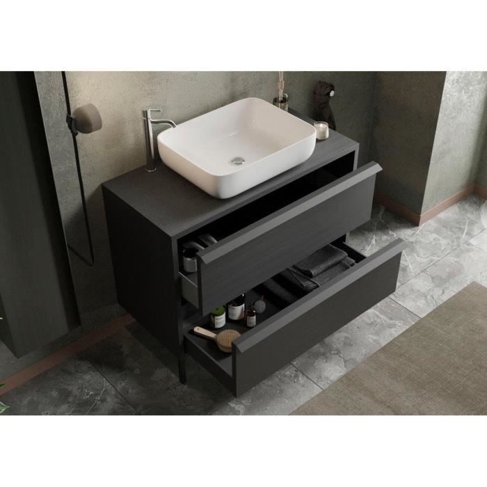 Mueble de baño con lavabo individual, 92 cm de ancho - 2 cajones - Acabado en roble negro - ACERO