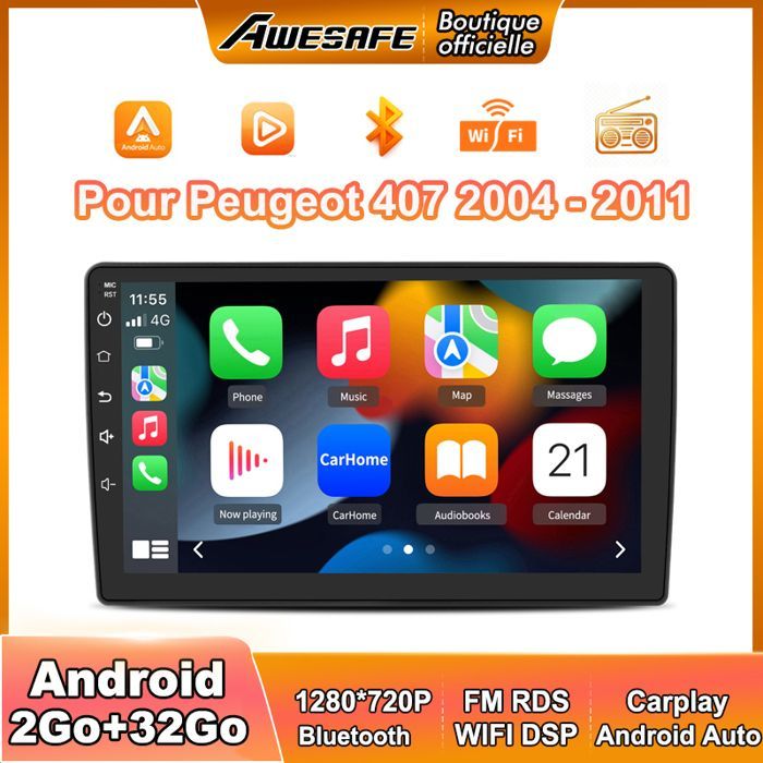 Autorradio AWESAFE Android 13 de 2 GB + 32 GB para Peugeot 407 (2004-2008) con pantalla táctil de 9