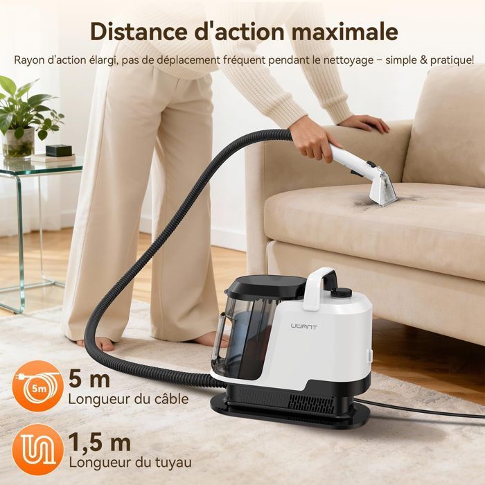 Uwant Y100 Pulitore per divani in tessuto, shampoo da 18 kPa per divani, tappeti e auto, 600 W, autopulente, doppio serbatoio da 1,2 litri