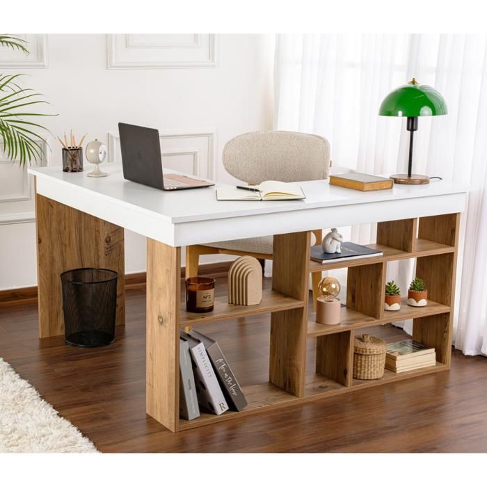 CALICOSY - Corner desk with storage, white and Atlantic pine finish, 130 cm wide - VESPER - White