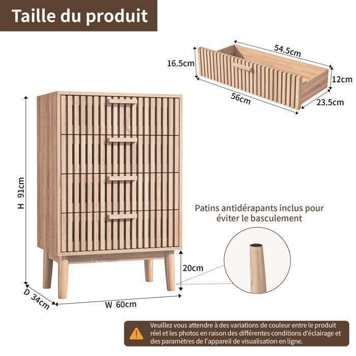 Cómoda de 4 cajones, mueble de almacenamiento para dormitorio, cómoda/armario de madera, 60x34x91 cm, estilo escandinavo moderno, color madera natural.