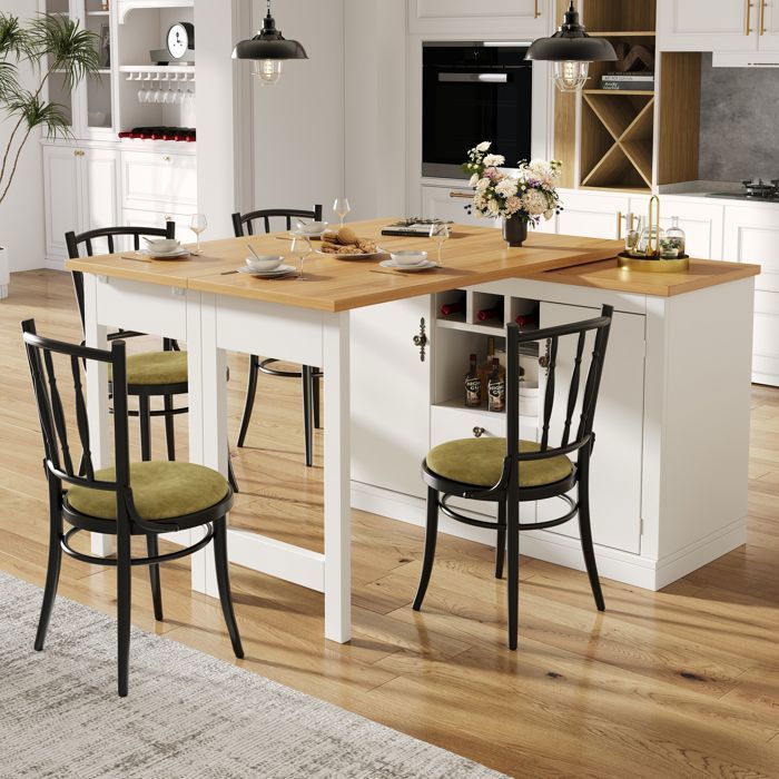 Îlot de Cuisine Extensible 120-180 cm  Blanc avec Rangement et Porte-Bouteilles, Table de Repas Pivotante 360°, Table Haute