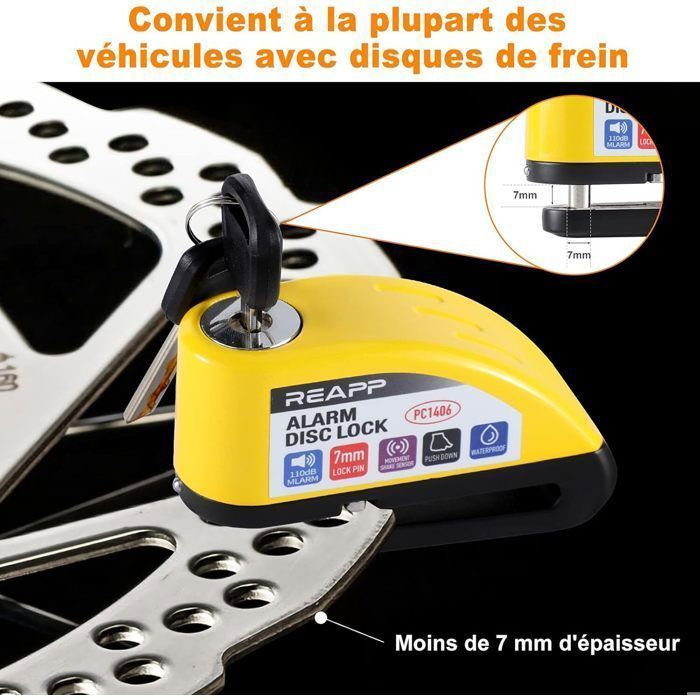 Disco antirrobo para motocicletas REAPP, alarma de 110 dB, cable de 1,5 m, para motocicletas, bicicletas, Vespas y ciclomotores.
