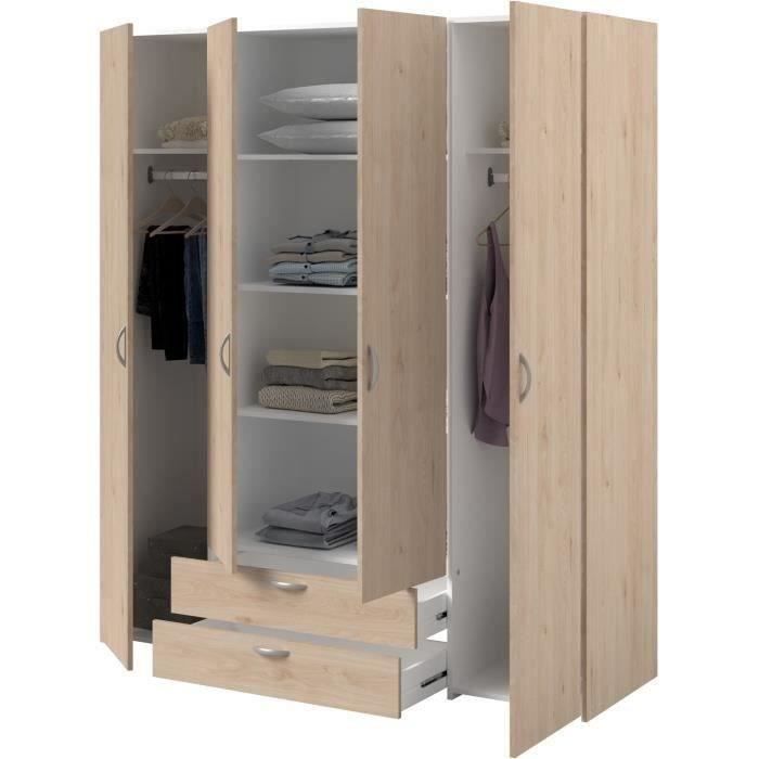 Armario de dormitorio VARIA - Acabado en roble - 4 puertas batientes + 2 cajones - Ancho 159,9 cm x Profundidad 51,3 cm x Alto 185 cm