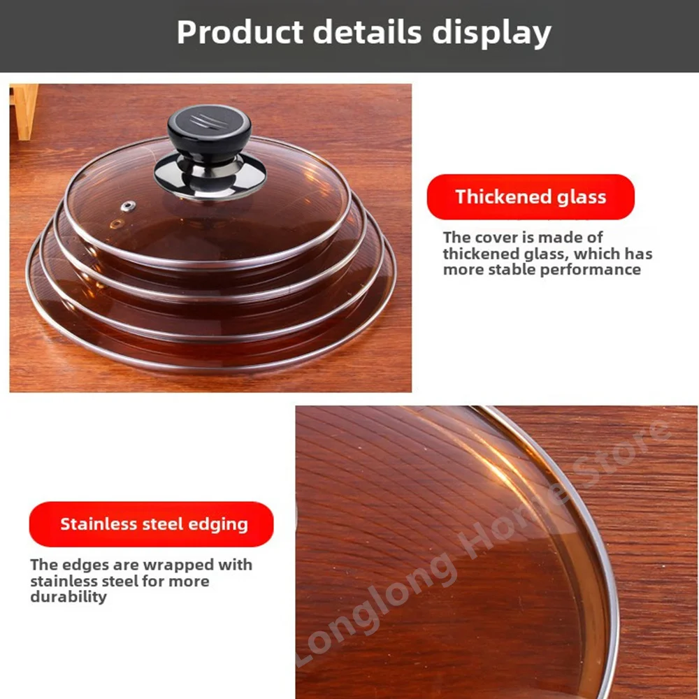 Couvercle en verre couleur thé pour casserole, couvercle de poêle à bordure en acier inoxydable, couvercle rond anti-éclaboussures et incassable pour chef, couvercle en verre polyvalent pour la cuisine domestique