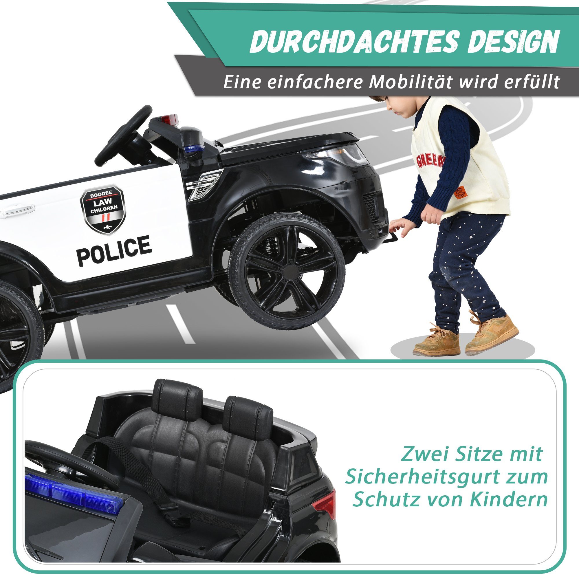 Carrinho elétrico infantil Merax com USB, AUX e Bluetooth, incluindo controle remoto, capacidade de carga de 30 kg, carro de polícia elétrico, carrinho infantil.