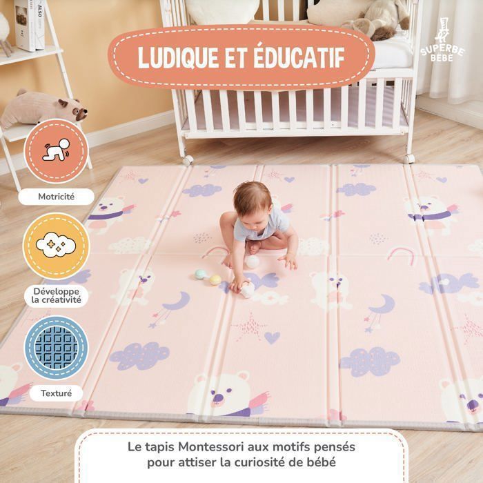 Tapete de atividades dobrável, reversível e à prova d'água - 180x150x1cm | Tapete de espuma para crianças - PANDA ROSA | SUPERB BABY