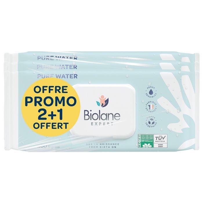 Biolane Lingettes Pure Water Lot de 3 Pack de 60 Lingettes