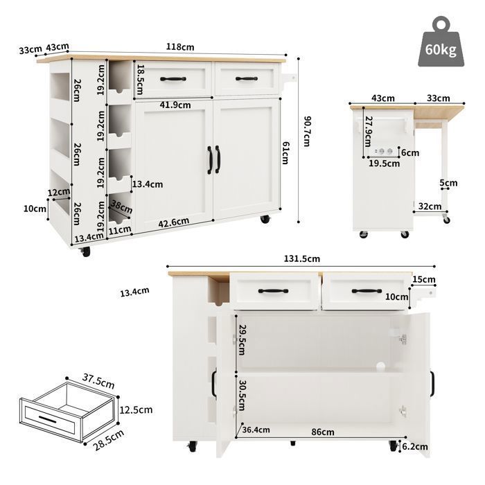 Küchenwagen – TKOPY – Ausziehbare Kücheninsel auf Rollen mit Flaschenablage – 131,5 x 43–73 x 90,7 cm – Weiß