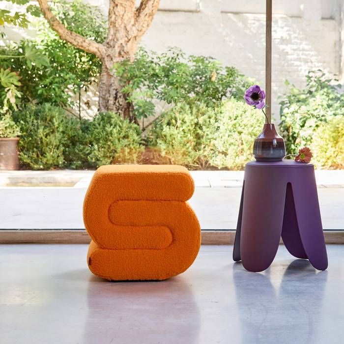 Sasha designer stool/pouf with orange bouclé upholstery, 1 seater, W 43 x D 47 x H 44cm
