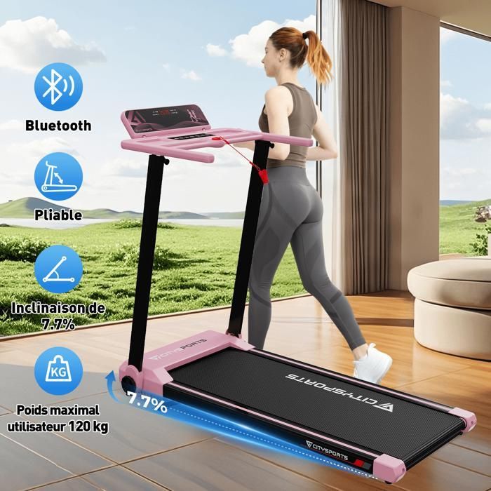 Foldable and Incline Treadmill 7.7%, Pink, APP, 1-12km/h. 1400w. Wheels for Moving.