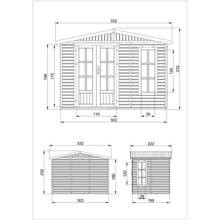 Escritorio de jardín de madera de 6 m² - TIMBELA M334FB - 332 x 222 x 232 cm (ancho x profundidad x alto)