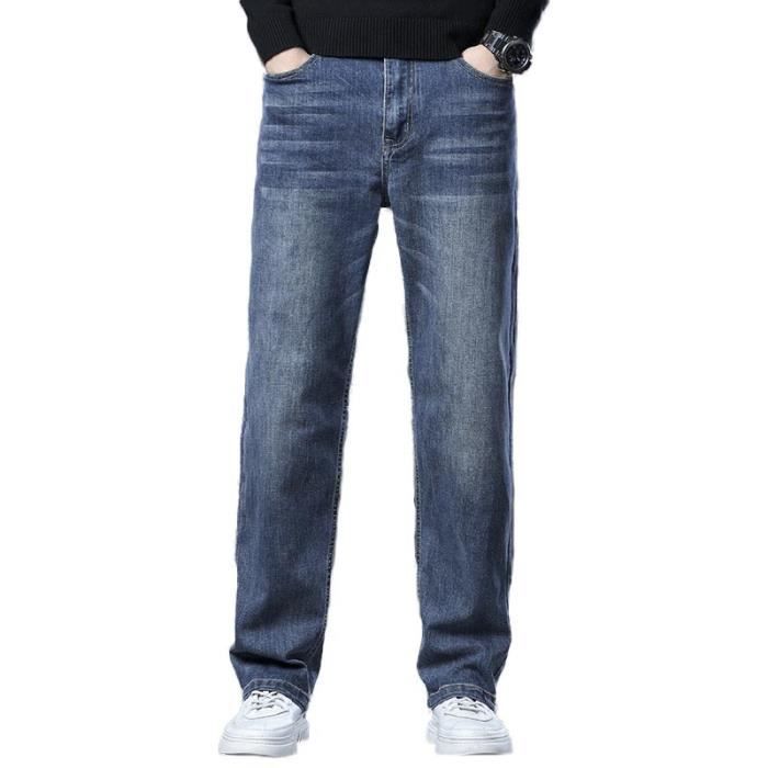 Pantalones vaqueros casuales de mezclilla elástica de pierna recta para hombre con 5 bolsillos, cómodo efecto lavado - Azul