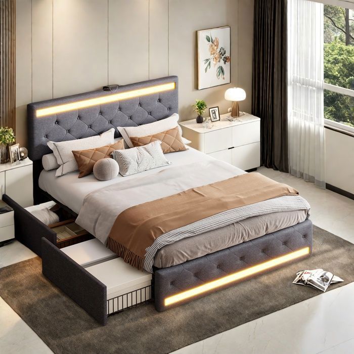 Cama doble de 140x190 cm - TANANT - 4 cajones - Tela de lino - LED y USB integrados