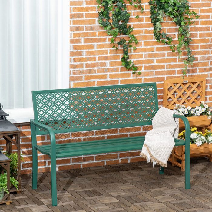Garden bench - Outsunny - made of steel - with floral patterned backrest, armrests - for 2 people - max. load 240 kg - dark green