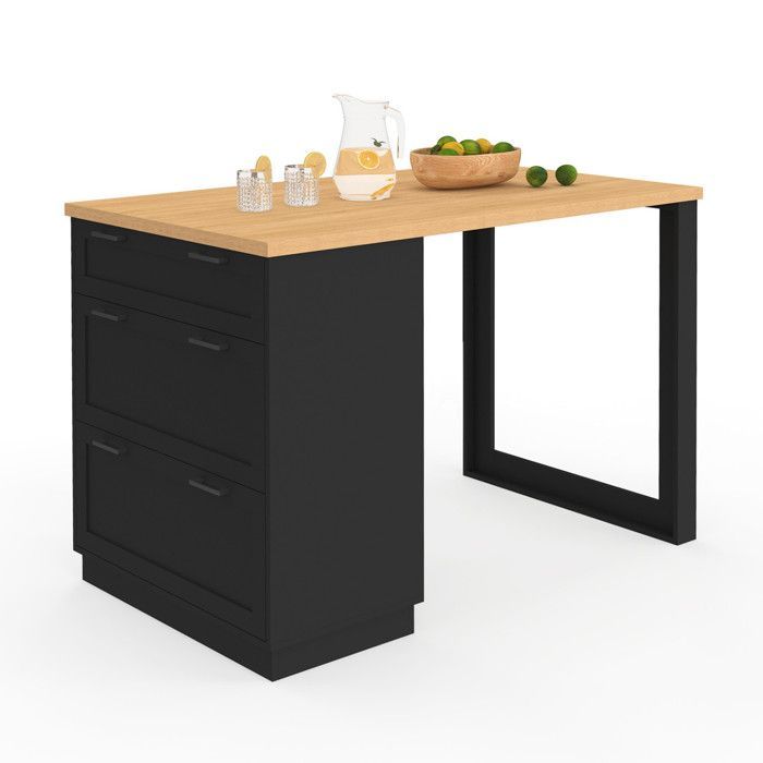 IDMARKET Ilot central mange-debout 4 personnes VITO 130 cm casserolier 3 tiroirs noir et plateau bois