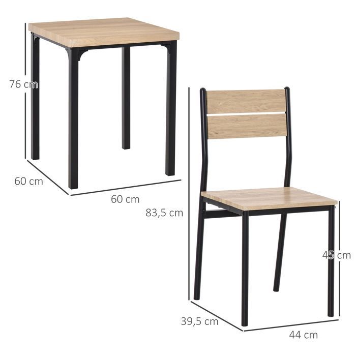 HOMCOM - ensemble table à manger et chaises - MDF - 60x60x76cm - Noir, Bois de chêne clair