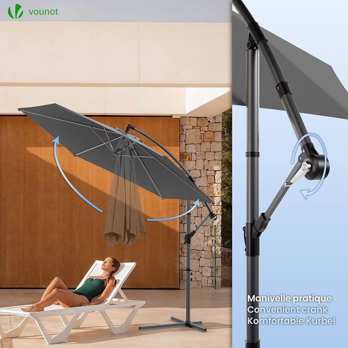 VOUNOT® 3M Cantilever Parasol, Grijs - 360° Draaibaar - Verstelbare Kantelhoek - Anti-terugloopmechanisme - Beschermhoes