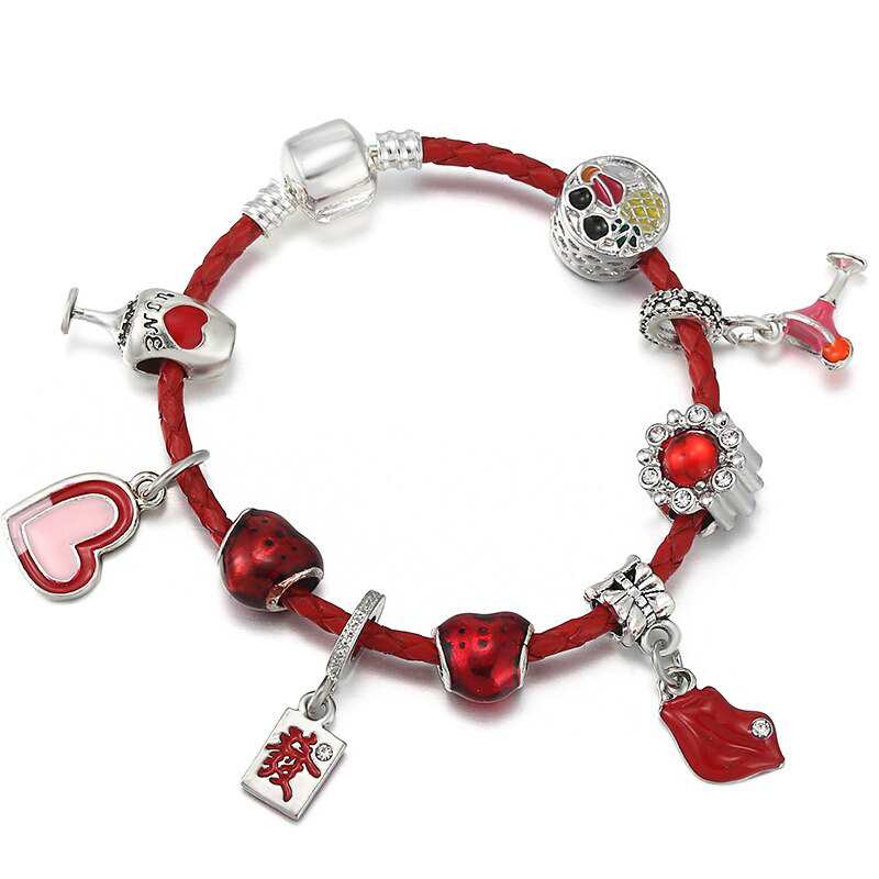 Pulseiras de estilo europeu com pingente de folha e borboleta, contas e detalhes em cobra, ideais para mulheres. Joias para presente.