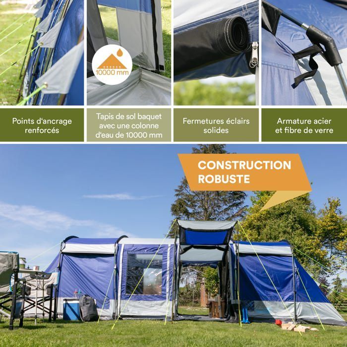 8-Person Tunnel Family Camping Tent - Skandika Montana 8 - 3 Cabins, 5000 mm, 4 Entrances, Awning - Blue