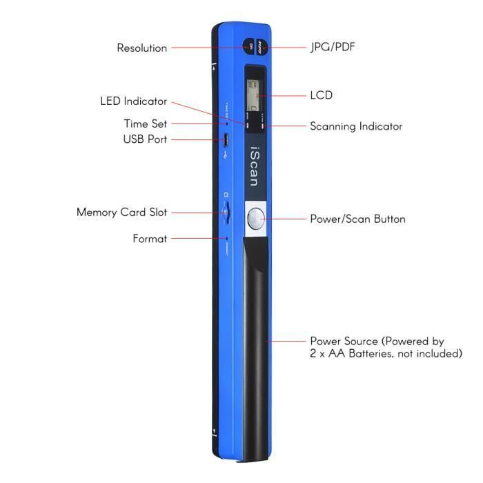 Portable Sans fil Document Scanner A4 900DPI JPG/PDF Format LCD Affichage avec Sac pour Bureau École Bleu(CD)