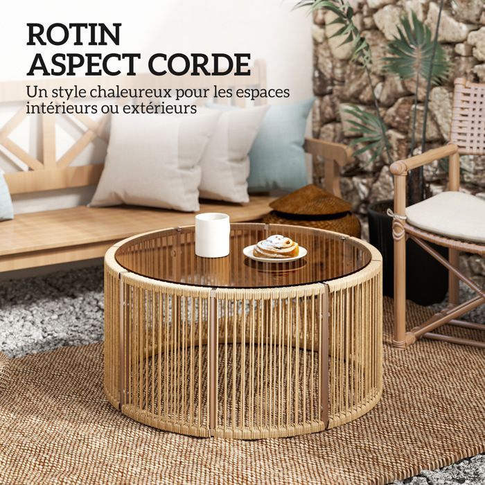 Table basse de jardin - table d'appoint - Outsunny - ronde, pour patio jardin salon - résine tressée, verre - 70x70x33cm - marron