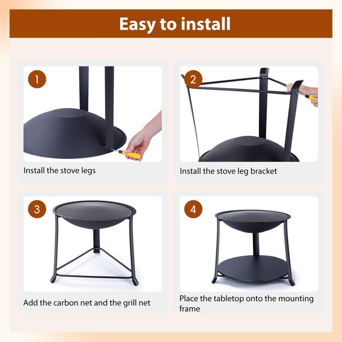 Brasero redondo multifuncional para jardín con estante y rejilla protectora contra chispas, barbacoa y calefactor exterior, de metal resistente.