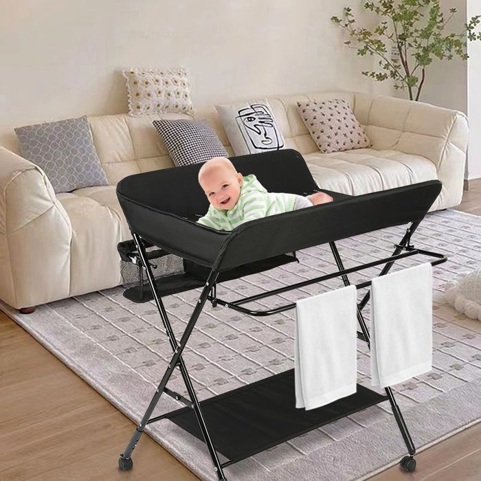 MESA - Trocador de fraldas com cesto de arrumação e cabide para roupas - Altura ajustável - 80*66*98 cm - Preto - HUOLE