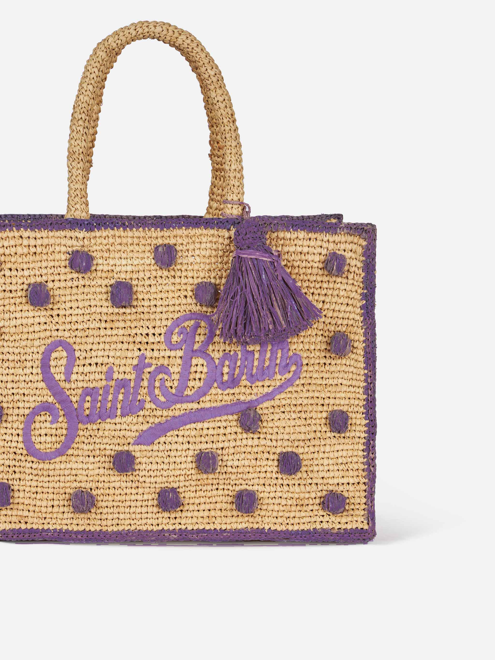 Colette raffia tas in stippenpatroon met sponsmotief