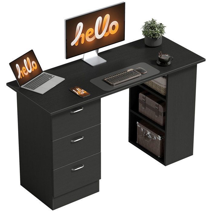 Escritorio para ordenador - HOMCOM - 3 cajones, 3 estantes, escritorio/estudio reversible con almacenamiento - Tablero de partículas - Negro