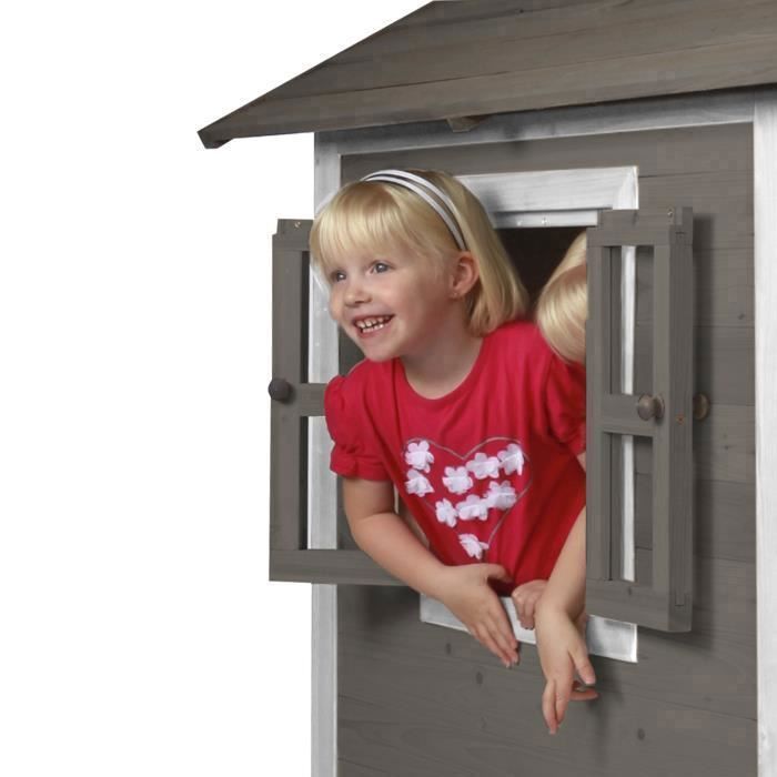 Casita de juegos de madera AXI Beach Lodge en color gris para niños.