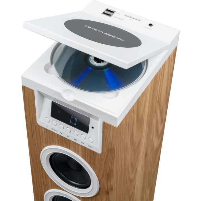 Altavoz de torre - THOMSON - Bluetooth/CD/USB/SD - Blanco/Madera - 60W - Radio FM