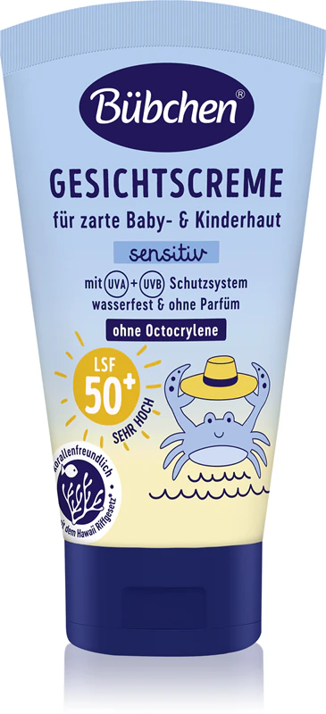 Creme facial protetor solar Bübchen Sensitive FPS 50+ para crianças.