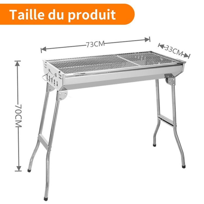 Barbacoa portátil INN® de 73 x 32,5 cm para 3-10 personas, de acero inoxidable 410, para carbón, con parrilla, ideal para acampar.