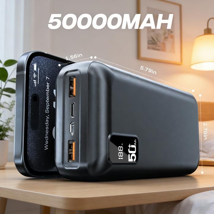 50000mAh External Battery Power Bank with 3 Outputs and 2 Inputs, LCD Screen, Fast Charging – Compatible with iPhone, Samsung, iPad, Huawei, and Xiaomi