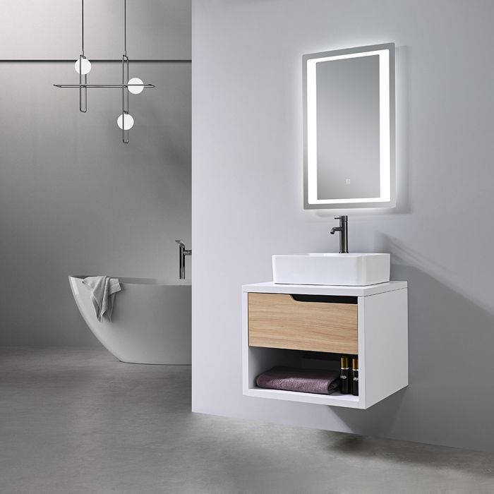 Badkamermeubel met enkele wastafel, 60 cm breed, hout en wit, met LED-spiegel LB-8153-60 LuxuryBain-