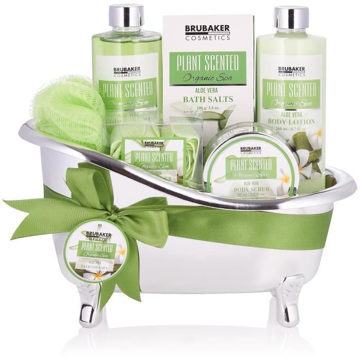 Set cosmetico per bagno e doccia BRUBAKER - 7 pezzi - in una vasca da bagno decorativa - Idea regalo - Aloe Vera
