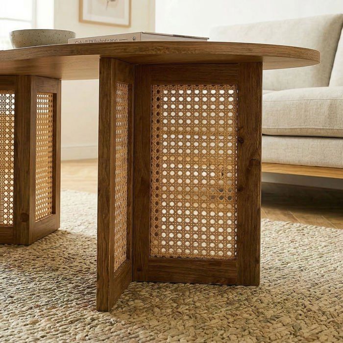 CALICOSY - Table basse ovale avec piètements rotin L120 cm - TALIA - Bois clair