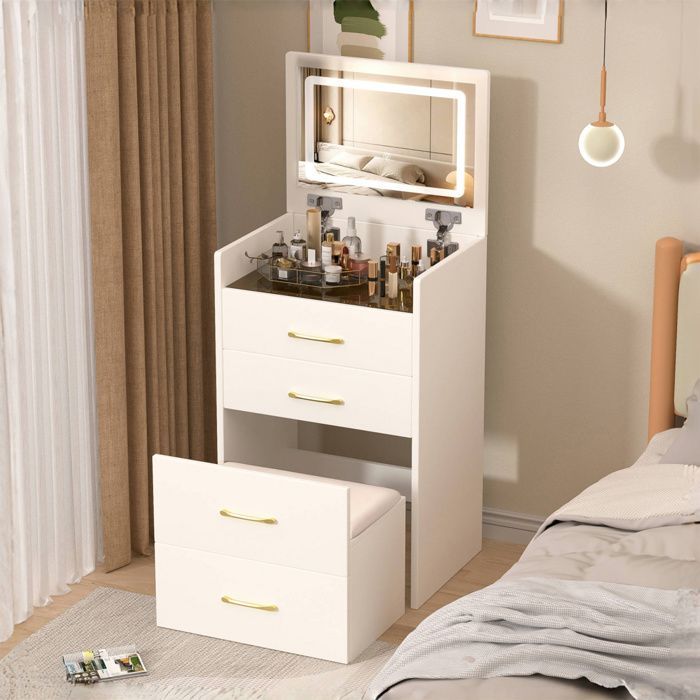 POCKETPOP Coiffeuse avec miroir et led, petit coiffeuse, 3 Tiroirs de Rangement, Style moderne, Blanc